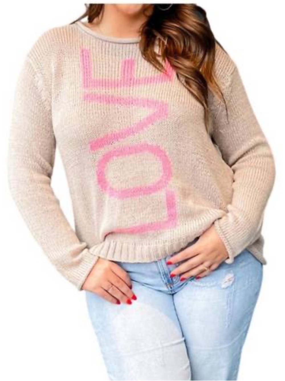 Wooden Ships Beige Crewneck Sweater Pink LOVE Graphic M/L